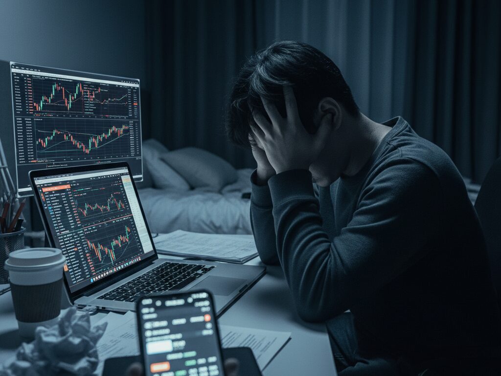 여러 개의 투자 관련 앱과 엑셀 시트를 보며 스트레스를 받고 있는 개인 투자자의 모습.