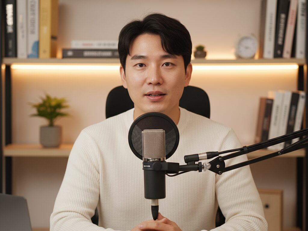 신뢰감 있는 한국인 금융 유튜버가 자신의 홈 스튜디오에서 복잡한 투자 철학을 시청자들에게 알기 쉽게 설명하고 있다.