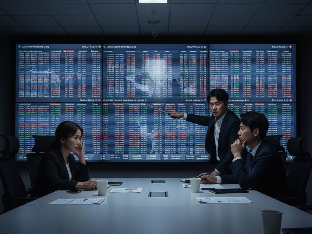 복잡한 투자 데이터가 보이는 스크린 앞에서 심각한 표정으로 회의하는 기업 전략기획팀.