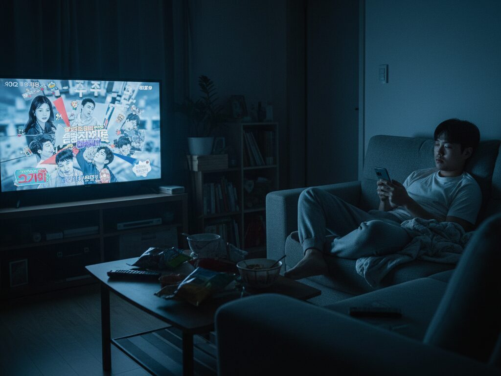 거실 소파에 앉아 지루한 표정으로 TV를 보며 스마트폰을 스크롤하고 있는 남성.
