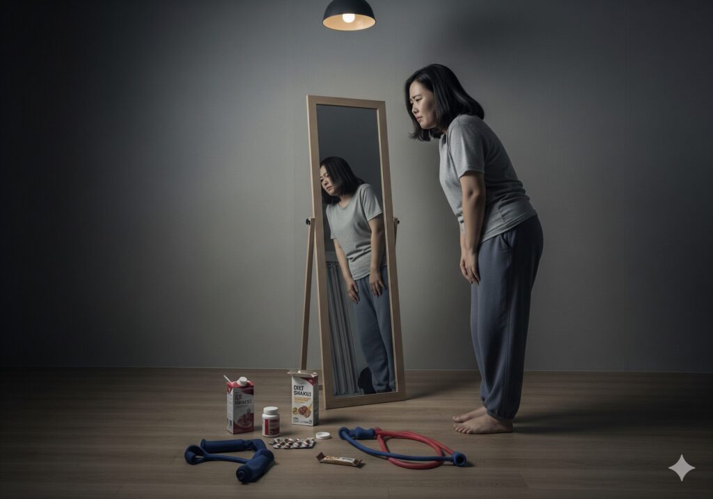 전신 거울 앞에서 다이어트 실패로 좌절하며 실망스러운 표정을 짓고 있는 한국인 여성.