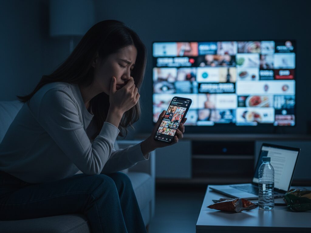 수많은 다이어트 정보가 떠 있는 스마트폰을 보며 소파에 지쳐 앉아 있는 한 한국인 여성의 혼란스러운 모습.