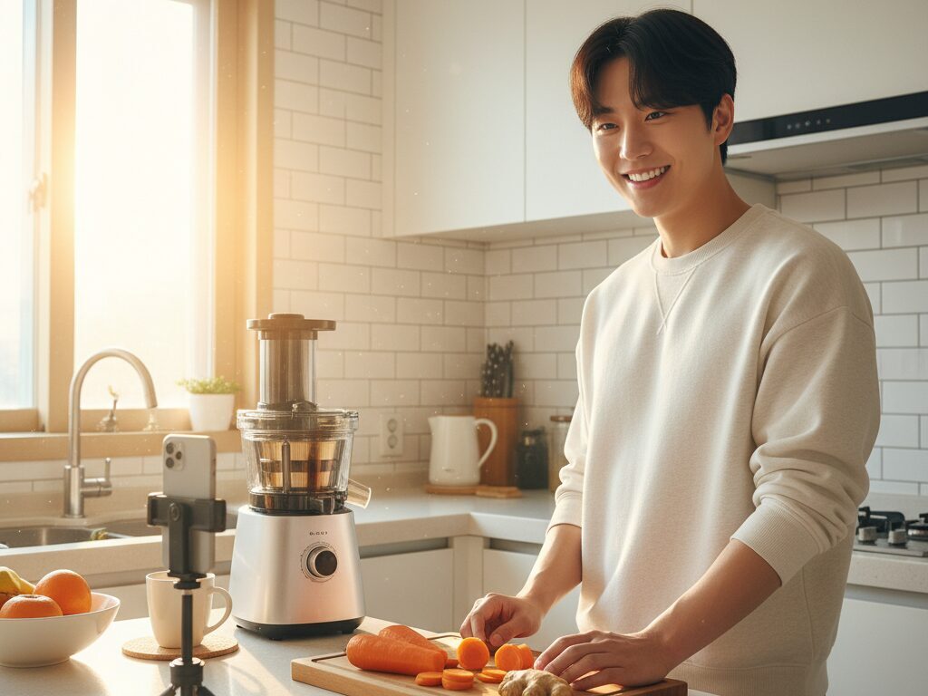 밝은 아침 햇살이 비치는 한국의 주방에서 한 젊은 크리에이터가 '뱃살 주스' 챌린지를 직접 실행하며 스마트폰으로 촬영하는 모습.