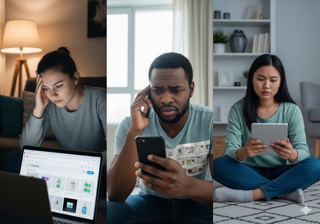 `다양한 국가의 소비자들이 노트북으로 K상품 해외 직구를 시도하지만 원하는 것을 찾지 못해 답답해하는 모습.`