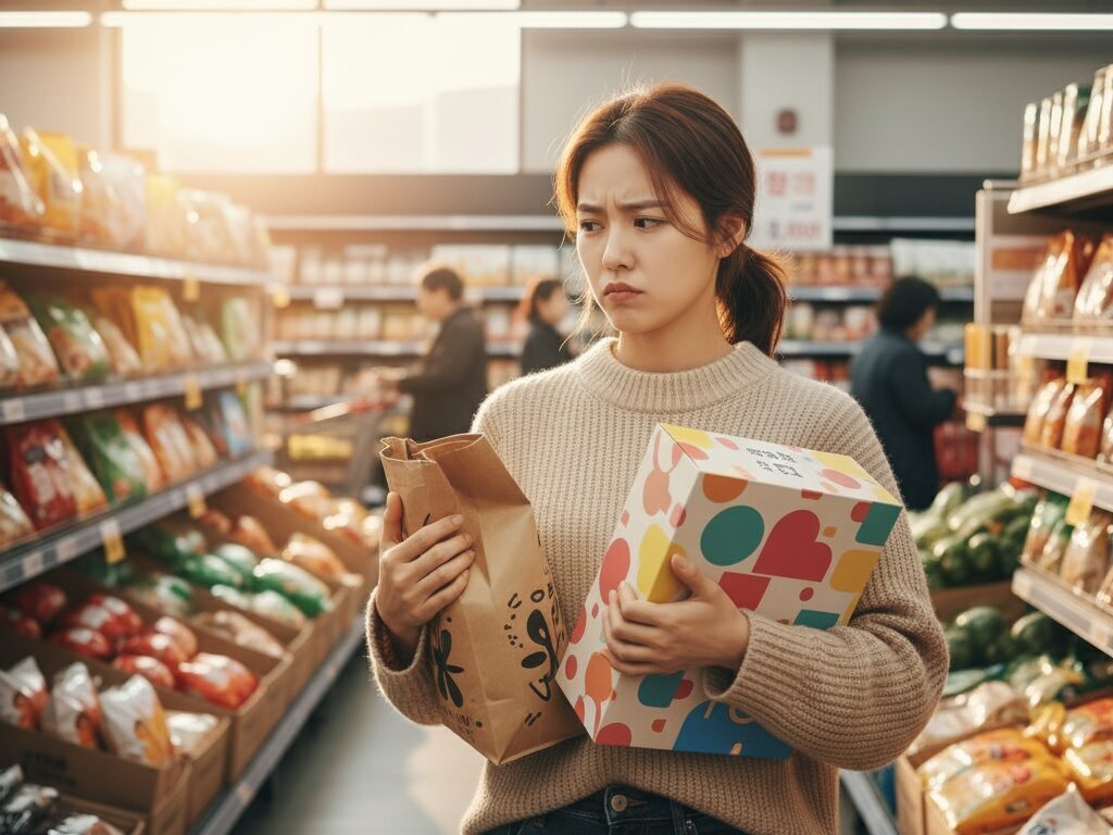 대형 마트에서 대용량 제품의 가격표를 보며 구매를 망설이는 한 한국인 여성 고객의 불안한 모습.