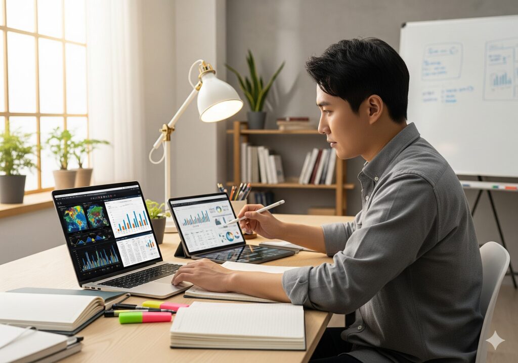 N잡을 준비하는 크리에이터가 데이터를 분석하여 제철음식 가격 변동의 원인을 설명하는 콘텐츠를 제작하는 모습.