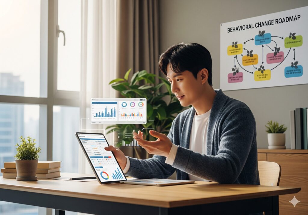 노트북으로 N잡 창업 아이디어인 디지털 웰빙 교육 프로그램을 개발 하는 한국 남자 모습