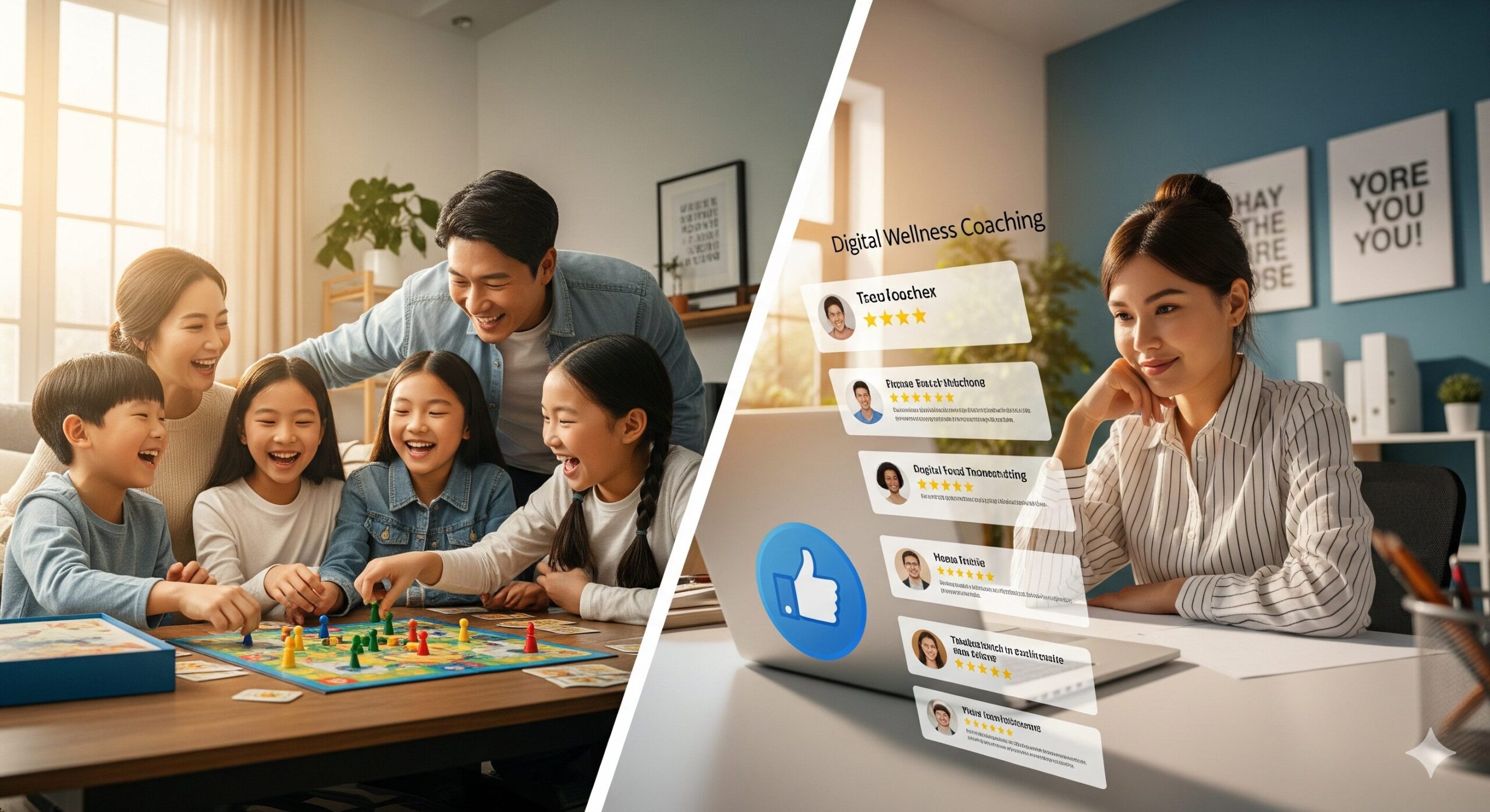 디지털 웰빙 코칭으로 스마트폰 중독에서 벗어나 행복한 가족과, N잡 창업에 성공한 전문가의 모습.