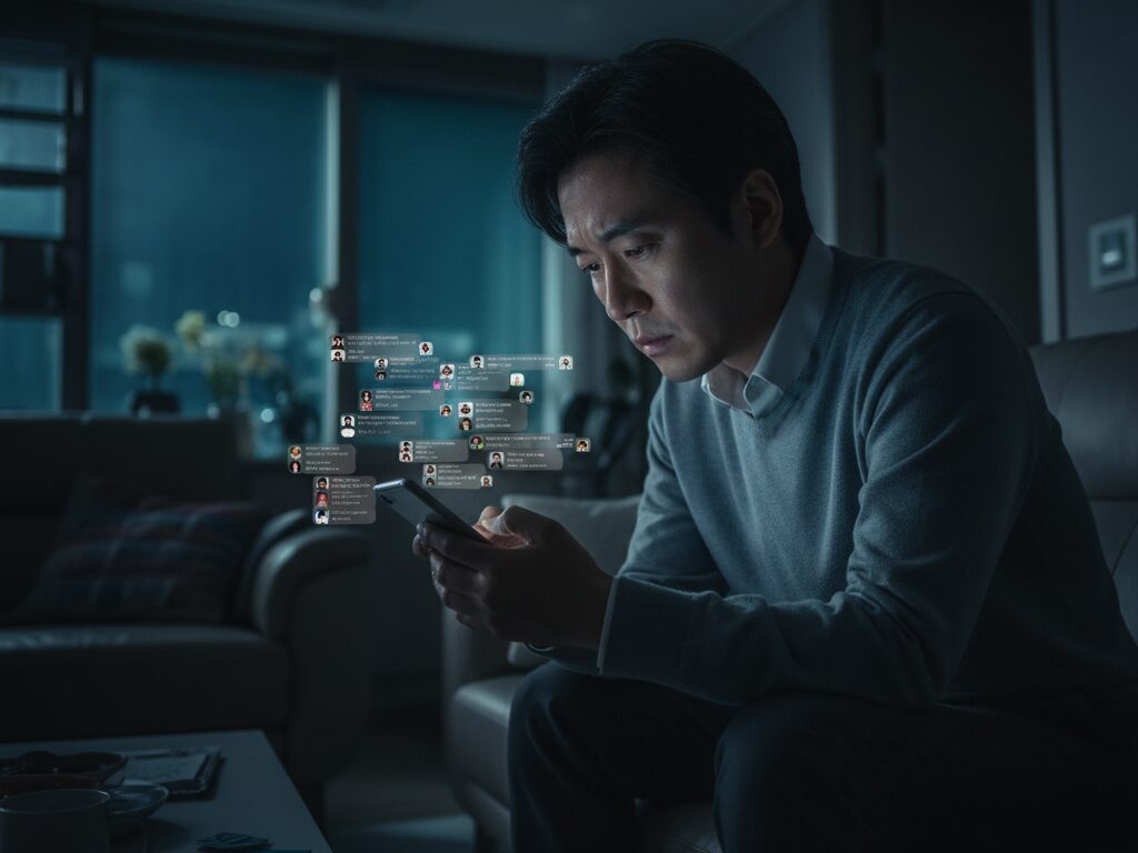 퇴근 후 집에서 스마트폰을 보며 원치 않는 소셜 피드로 인해 디지털 피로감과 스트레스를 느끼는 한국인 직장인.
