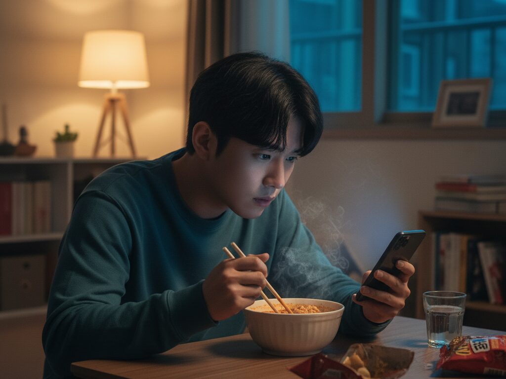 늦은 밤 작은 방에서 라면을 먹으며 스마트폰으로 건강 정보를 보고 죄책감을 느끼는 젊은 한국인의 모습.