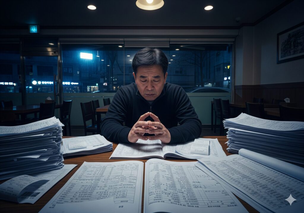 늦은 밤 가게에 홀로 남아 매출 부진으로 고민하는 자영업자의 모습.