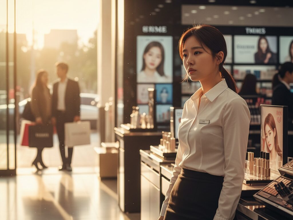 붐비는 주말 백화점에서 지친 표정으로 서 있는 한국인 여성 직원. 창밖의 화창한 날씨와 대비된다.
