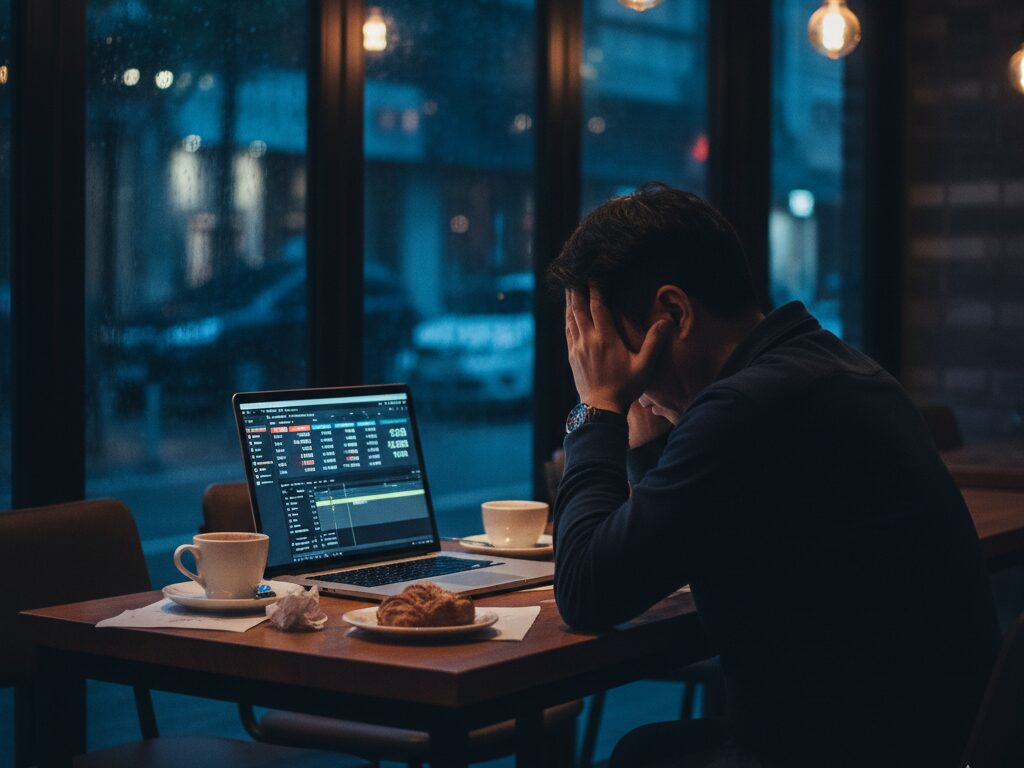한 소상공인이 자신의 가게에서 OTT 광고 제작의 어려움 때문에 노트북을 보며 깊은 고민에 빠져있다.