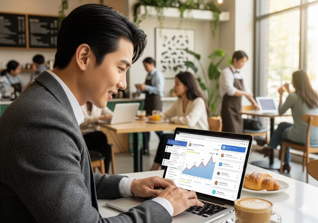 카페에서 노트북으로 소상공인 SNS 계정을 관리하며 성과를 확인하는 디지털 마케터.