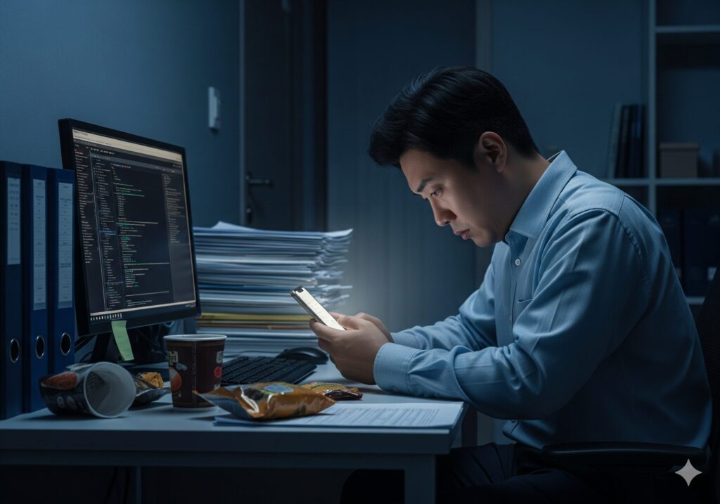 밤늦게 스마트폰 중독으로 시간을 낭비하는 피곤한 직장인과 옆에 쌓여있는 업무.