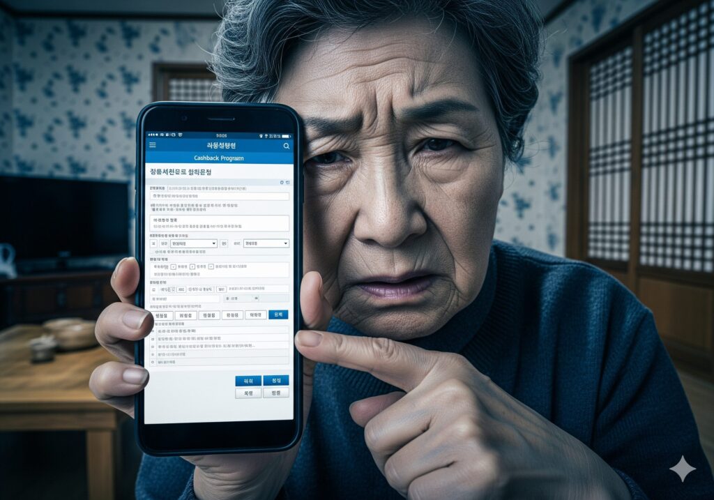 상생페이백 신청 문제로 스마트폰을 보며 답답해하는 한국인 어르신의 모습. 디지털 정보 격차로 인한 어려움을 보여준다.