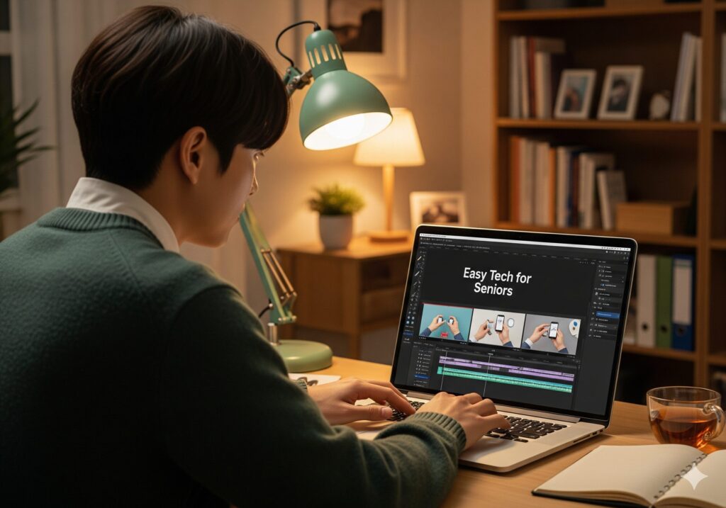 어르신들을 위한 디지털 교육 유튜브 영상을 만들기 위해 노트북으로 콘텐츠를 기획하고 있는 한국인 청년의 열정적인 뒷모습.