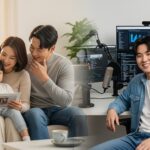 사실검증 N잡으로 성공한 콘텐츠 창업가와, 그가 제공하는 신뢰도 높은 정보를 보며 만족하는 한국인 가족.