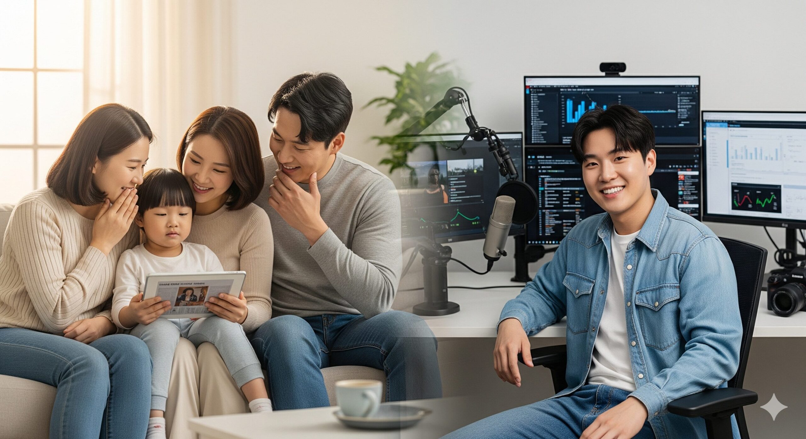 사실검증 N잡으로 성공한 콘텐츠 창업가와, 그가 제공하는 신뢰도 높은 정보를 보며 만족하는 한국인 가족.