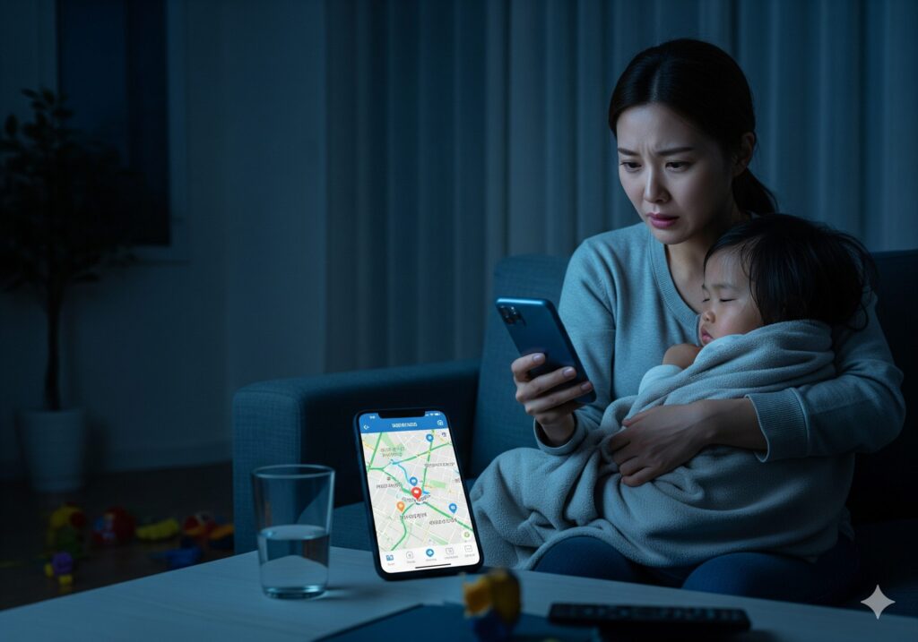한밤중 아픈 아이를 안고 야간 소아과 응급실을 찾지 못해 스마트폰을 보며 막막해하는 엄마의 모습.