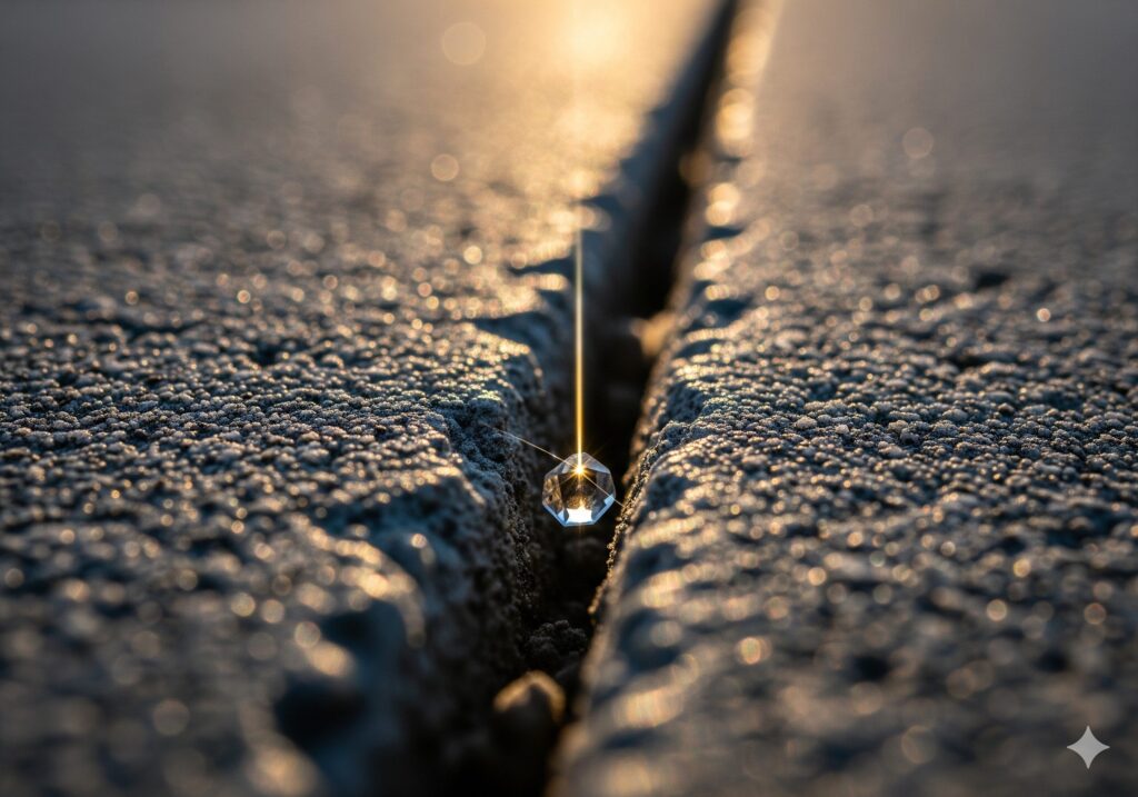 회색 콘크리트 바닥의 갈라진 틈 사이로 한 줄기 빛이 스며들어, 그 빛을 받아 작고 투명한 크리스탈 조각이 영롱하게 빛나고 있다. 숨겨진 가치와 희망을 상징한다.