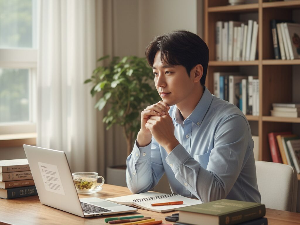 한국인 N잡러가 홈 오피스에서 노트북으로 건강한 다이어트 시스템에 대한 온라인 강의 커리큘럼을 열정적으로 기획하고 있다.