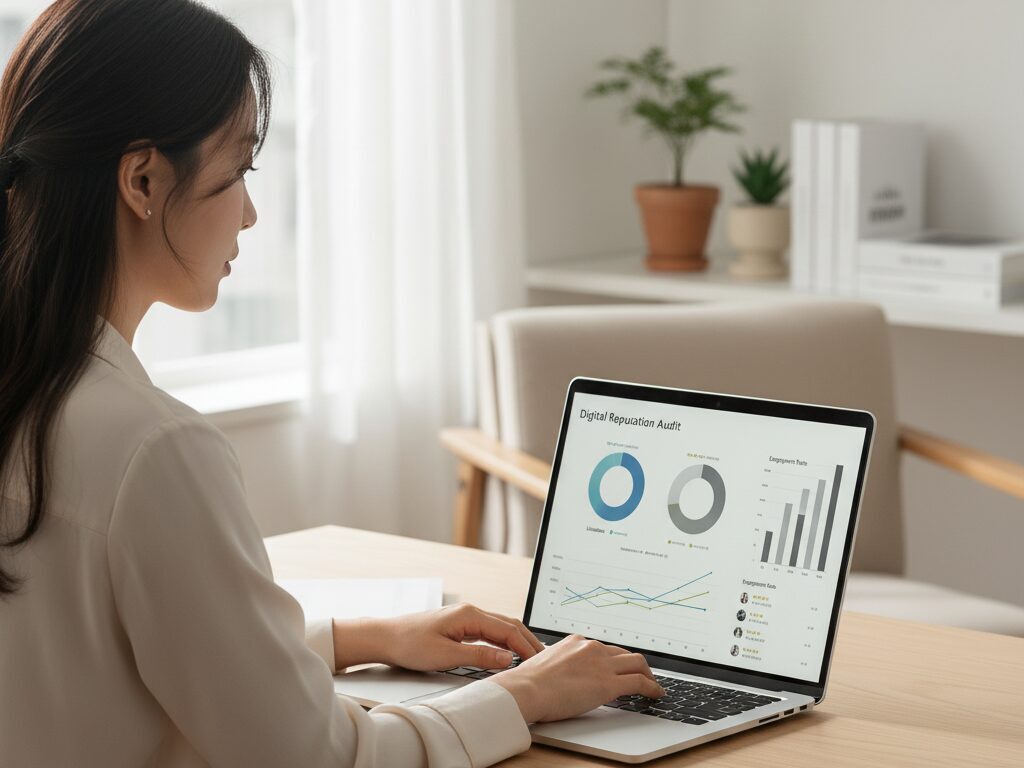 한국인 N잡 컨설턴트가 고객의 온라인 평판 리스크를 분석하고 해결책을 담은 컨설팅 리포트를 작성하고 있다.