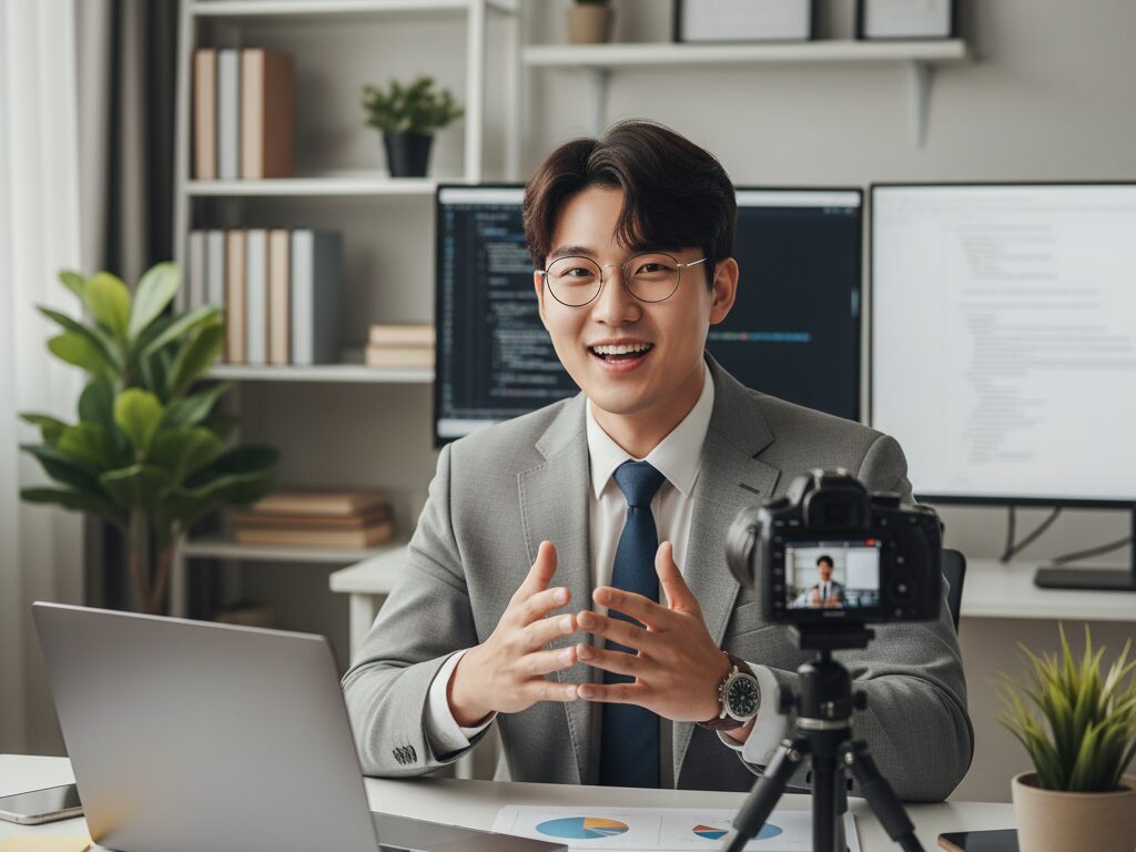 홈 스튜디오에서 카메라를 보며 열정적으로 교육 콘텐츠를 촬영하고 있는 유튜브 크리에이터.