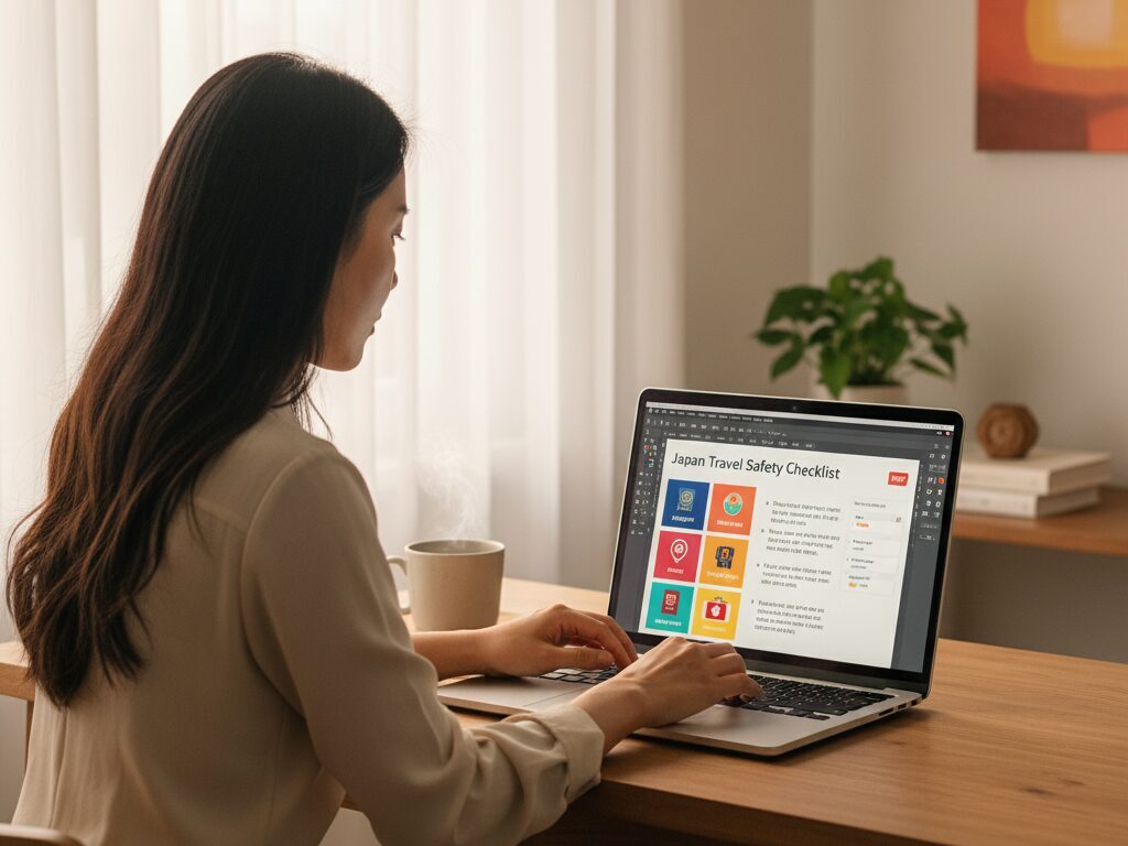 N잡 창업가인 한국인 여성이 일본 여행객의 안전을 위해 노트북으로 알기 쉬운 안전 체크리스트 PDF를 디자인하고 있다.