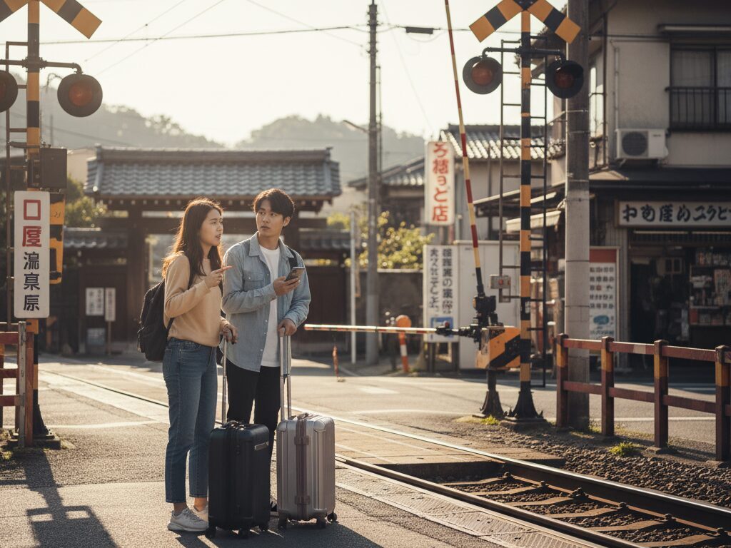 일본 여행 중 낯선 철도 건널목 앞에서 캐리어를 든 채 불안한 표정으로 서 있는 한국인 커플.