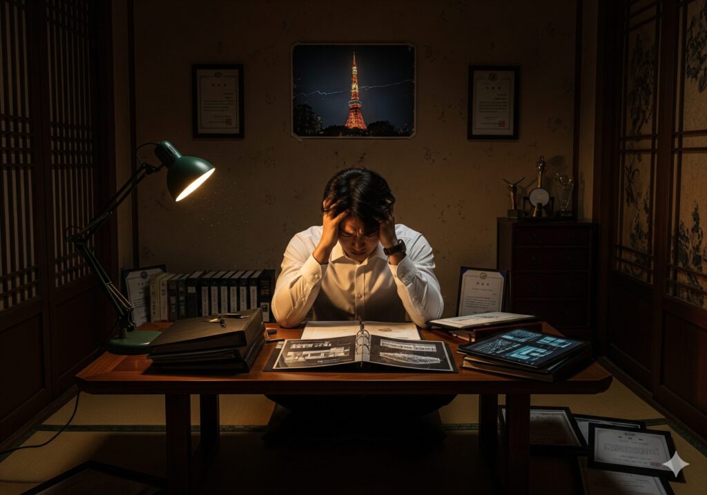 한 실력 있는 한국인 경력직이 자신의 포트폴리오를 보며 일본 취업의 불확실성 때문에 책상 앞에서 깊은 고민과 좌절에 빠져있다.