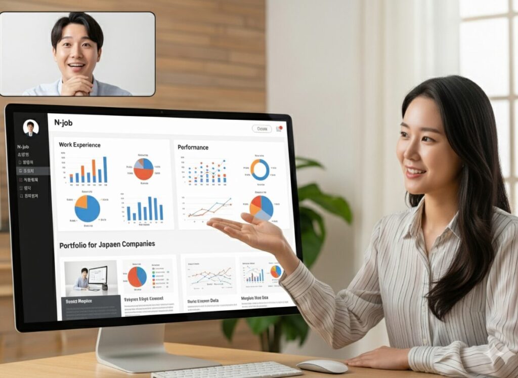 한 전문 일본 취업 컨설턴트가 화상 회의를 통해, 한국인 경력직의 경험을 일본 기업이 선호하는 성과 중심 포트폴리오로 만들어주며 자신감을 심어주고 있다.
