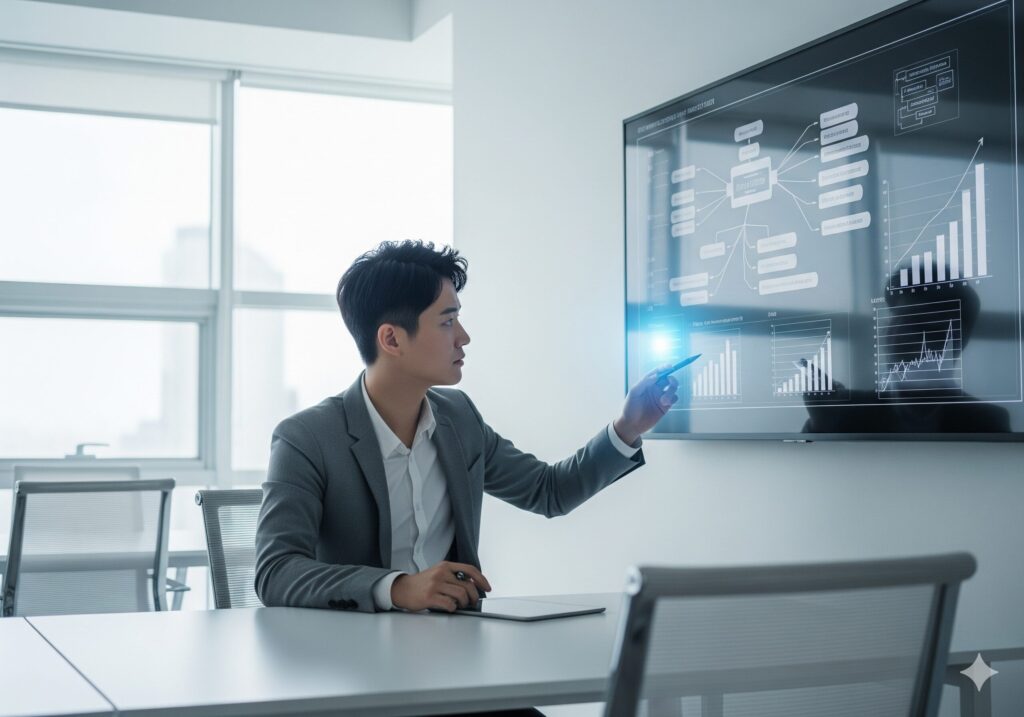 한 컨설턴트가 자영업 성공 사례를 분석하여 운영 시스템을 설계하는 모습.