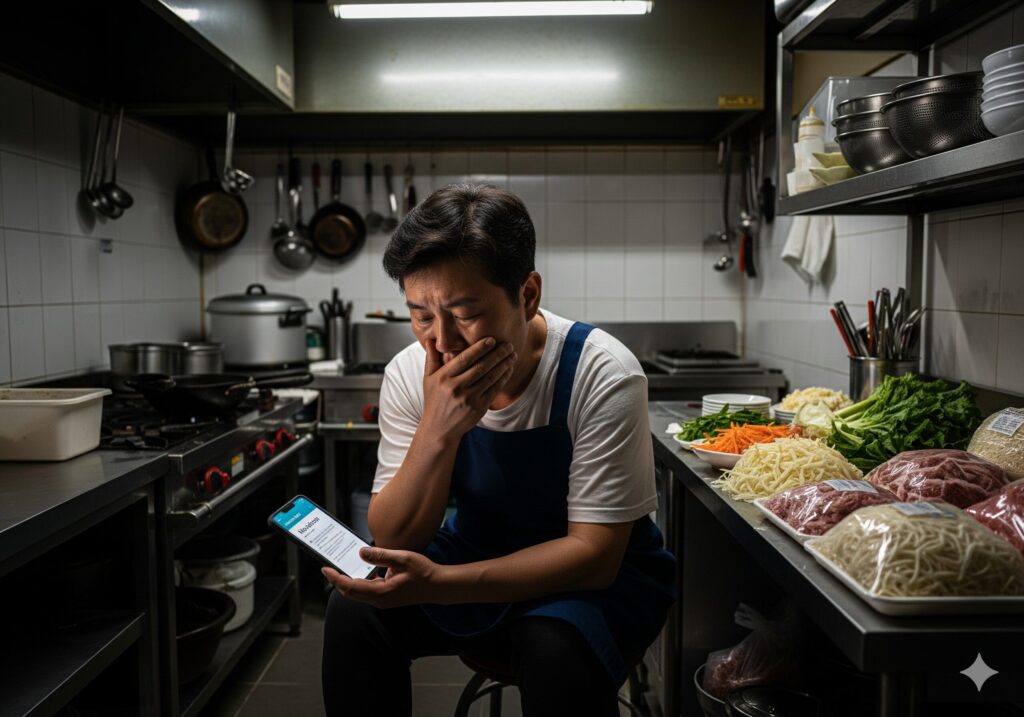 늦은 밤 가게 주방에서 '노쇼'로 인한 예약 취소 문자를 보며 깊은 시름에 빠진 한국 자영업자의 모습. 경제적, 정신적 고충을 보여준다.