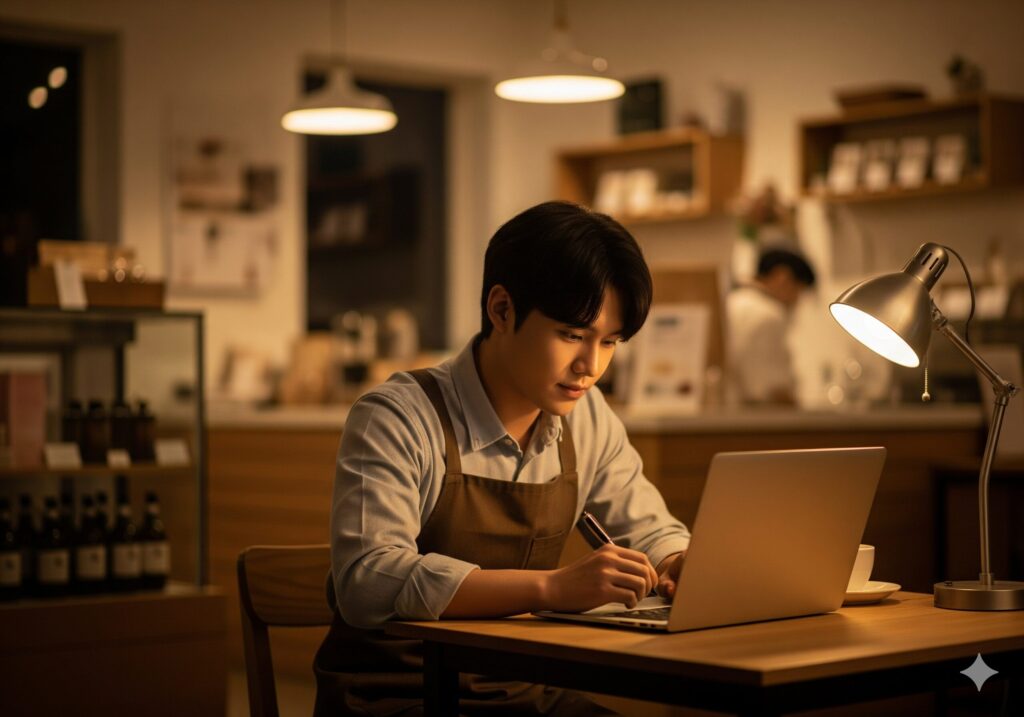 자신의 가게에서 노트북을 이용해 '노쇼' 경험을 진솔한 스토리텔링 콘텐츠로 만들고 있는 젊은 한국인 자영업자의 모습.