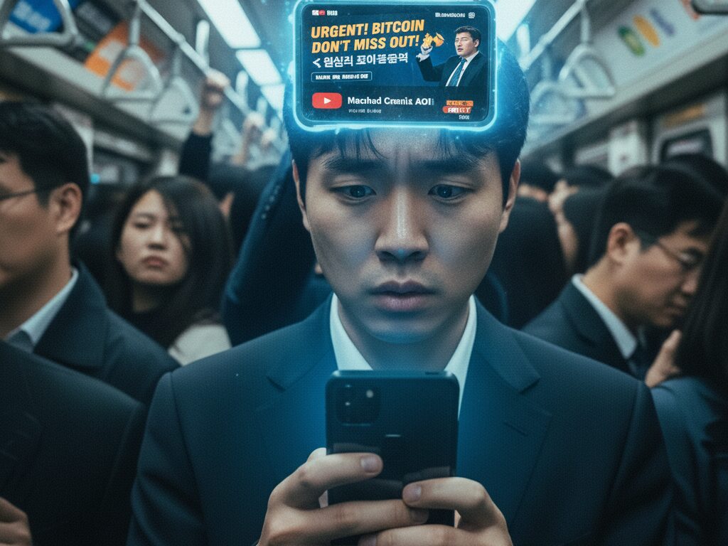 한 젊은 직장인이 퇴근길 지하철에서 수많은 재테크 정보와 코인 추천 영상으로 인해 스마트폰을 보며 괴로워하고 있다.