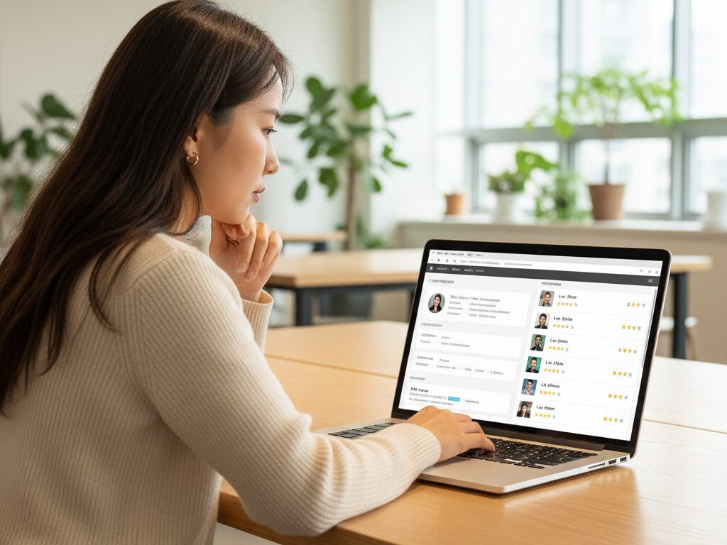 N잡 창업가인 한국인 여성이 코워킹스페이스에서 노트북으로 서비스업 전문가와 매장을 신중하게 매칭하고 있다.