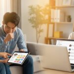 생활비 절약 콘텐츠 N잡으로 성공한 크리에이터와, 그의 정보 덕분에 가계부 앱을 보며 만족하는 부부.