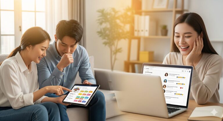 생활비 절약 콘텐츠 N잡으로 성공한 크리에이터와, 그의 정보 덕분에 가계부 앱을 보며 만족하는 부부.