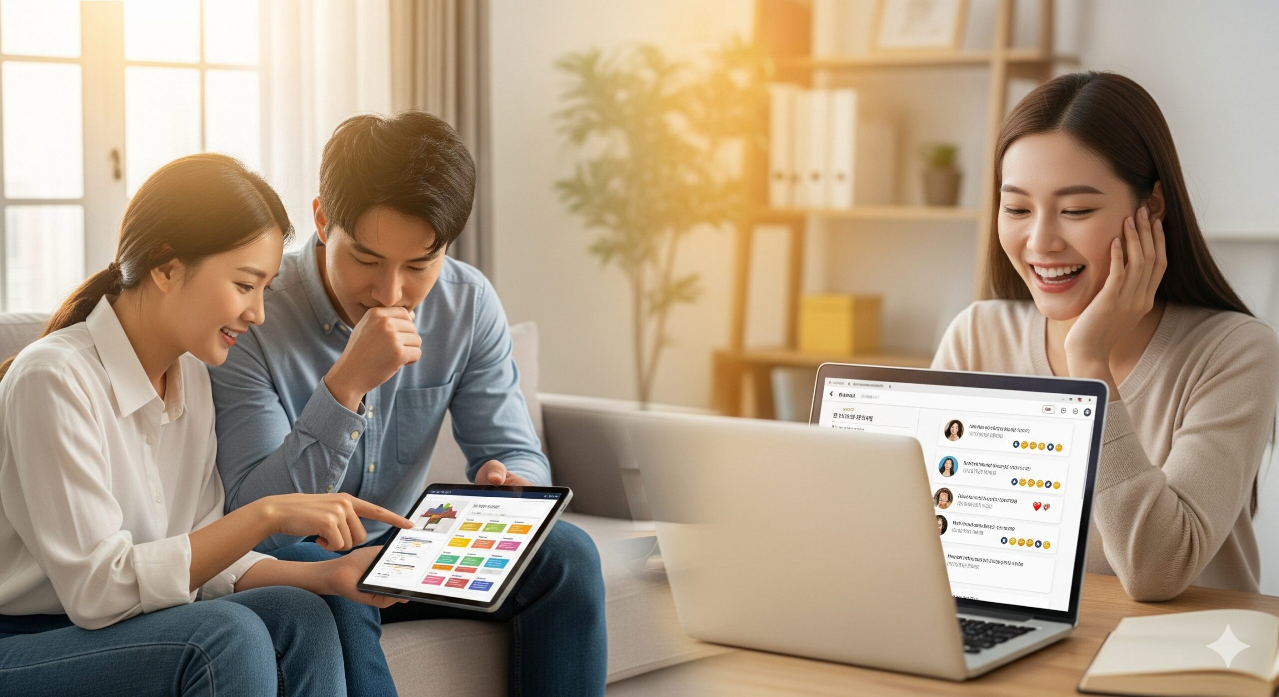 생활비 절약 콘텐츠 N잡으로 성공한 크리에이터와, 그의 정보 덕분에 가계부 앱을 보며 만족하는 부부.