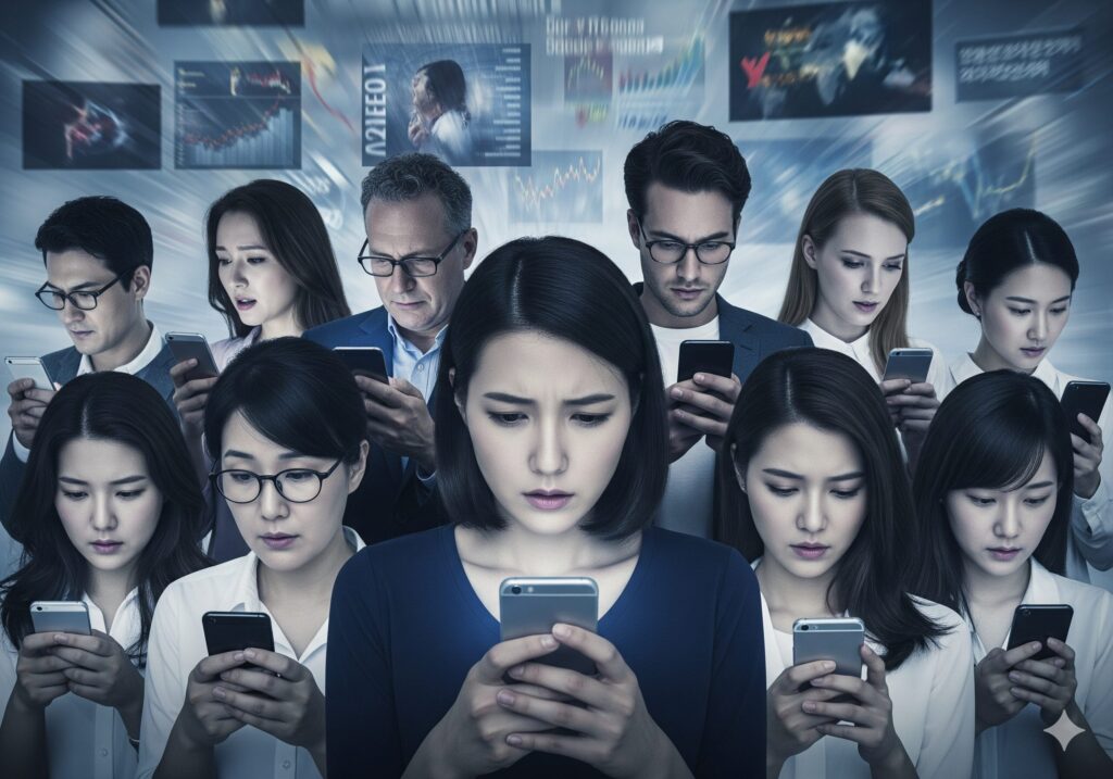 가짜뉴스와 정보 과부하로 인해 스마트폰을 보며 혼란스러워하는 다양한 연령대의 한국인들.