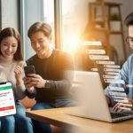 정부지원금 블로그 N잡 성공으로, 지원금 입금 문자에 기뻐하는 사람들과 감사 댓글을 보며 웃는 블로거.