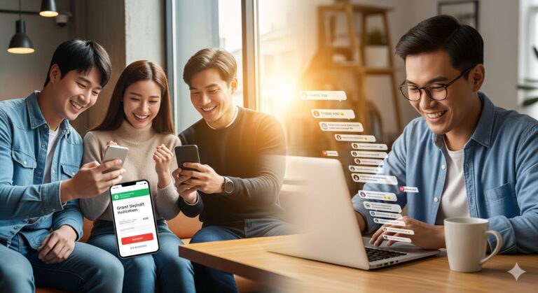 정부지원금 블로그 N잡 성공으로, 지원금 입금 문자에 기뻐하는 사람들과 감사 댓글을 보며 웃는 블로거.