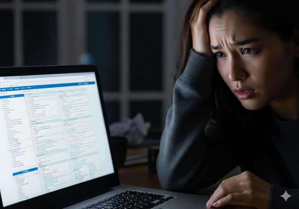 어려운 정부지원금 신청 방법에 대한 정보 부족으로 노트북 앞에서 좌절하는 20대 청년.