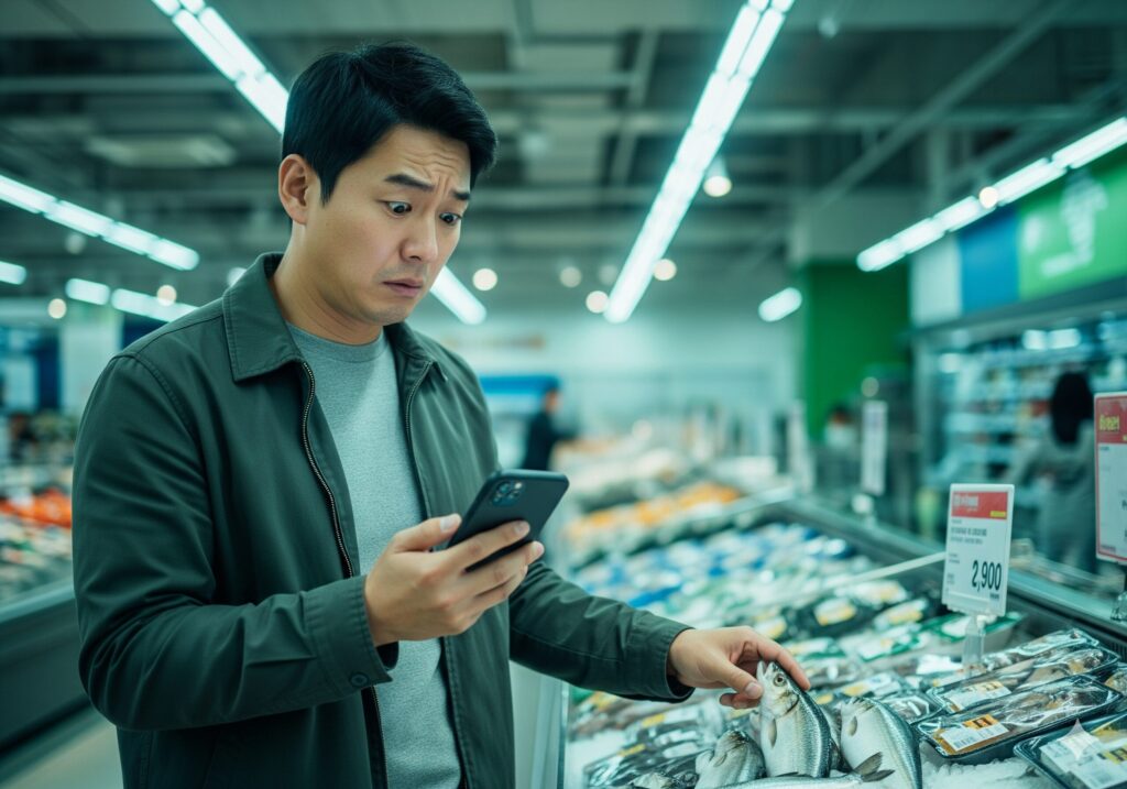 제철음식 가격 변동의 이유를 알지 못해 마트에서 혼란스러워하는 소비자.