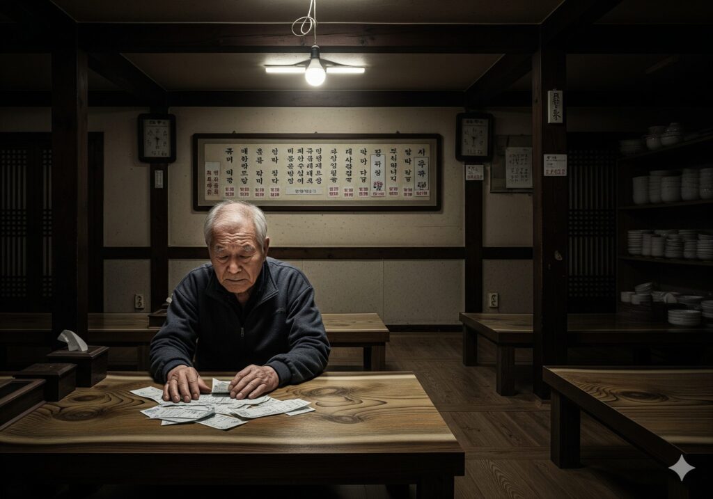 텅 빈 가게에서 계산서를 보며 시름에 잠긴 지방 소상공인의 모습.