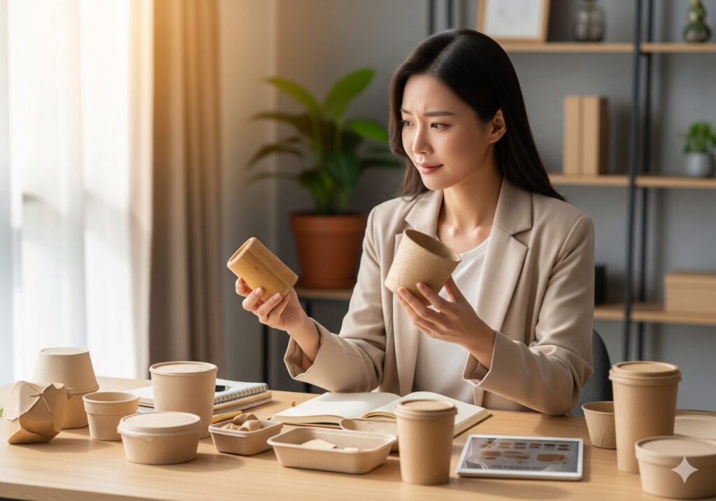 한 플랫폼 셀러가 스마트스토어에서 판매할 친환경 대체용품 샘플의 품질을 꼼꼼하게 테스트하는 모습.