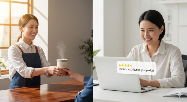 친환경 대체용품 플랫폼 셀러 덕분에 만족하는 카페 자영업자와, 긍정적인 구매 후기를 보며 뿌듯해하는 N잡 창업가.