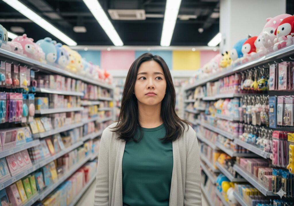 대기업 캐릭터 굿즈들 사이에서 자신만의 감성을 채워줄 상품을 찾지 못해 아쉬워하는 젊은 여성 고객.