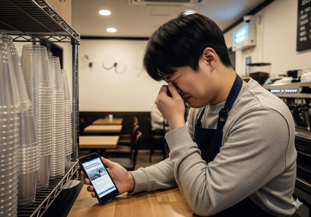 플라스틱 규제로 인해 재고로 쌓인 일회용 컵을 보며 고민하는 카페 자영업자의 모습.